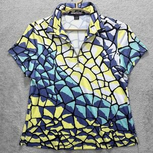 Jamie Sadock Simplicite Top Womens Large Blue Yellow Abstract 1/4 Zip Golf Polo